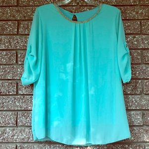 Made in 🇮🇹 turquoise rhinestone collar blouse